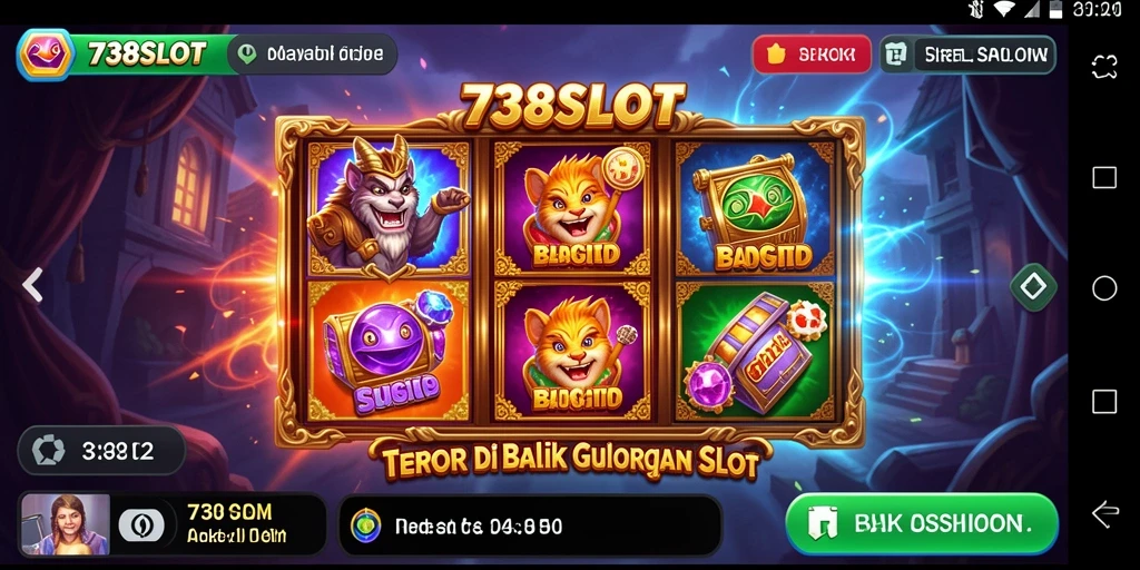 Screenshot 738SLOT menampilkan gulungan slot dengan atmosfer menyeramkan.