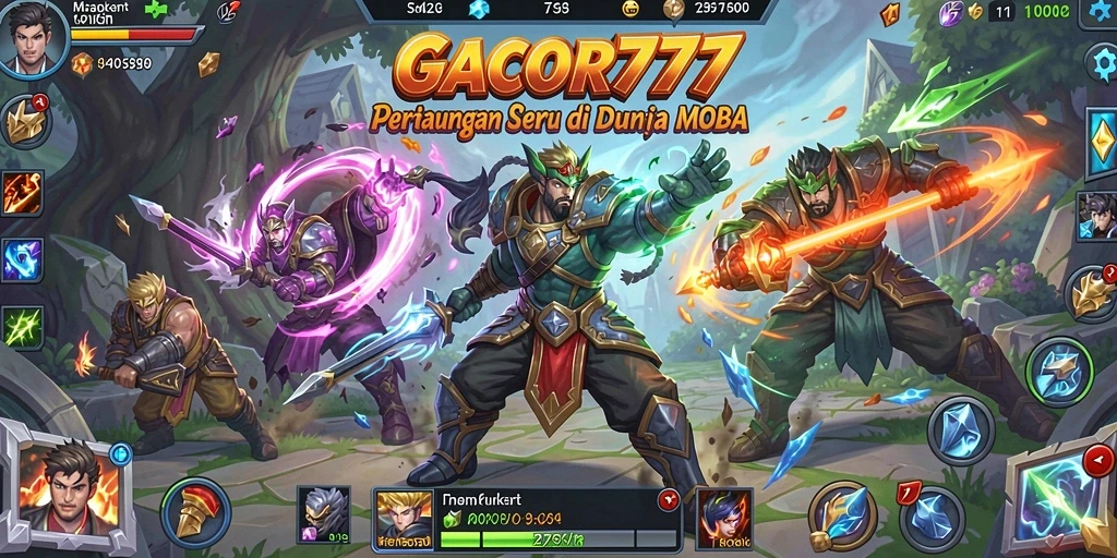 Tampilan seru dari gameplay GACOR777 yang menampilkan aksi pertarungan MOBA.