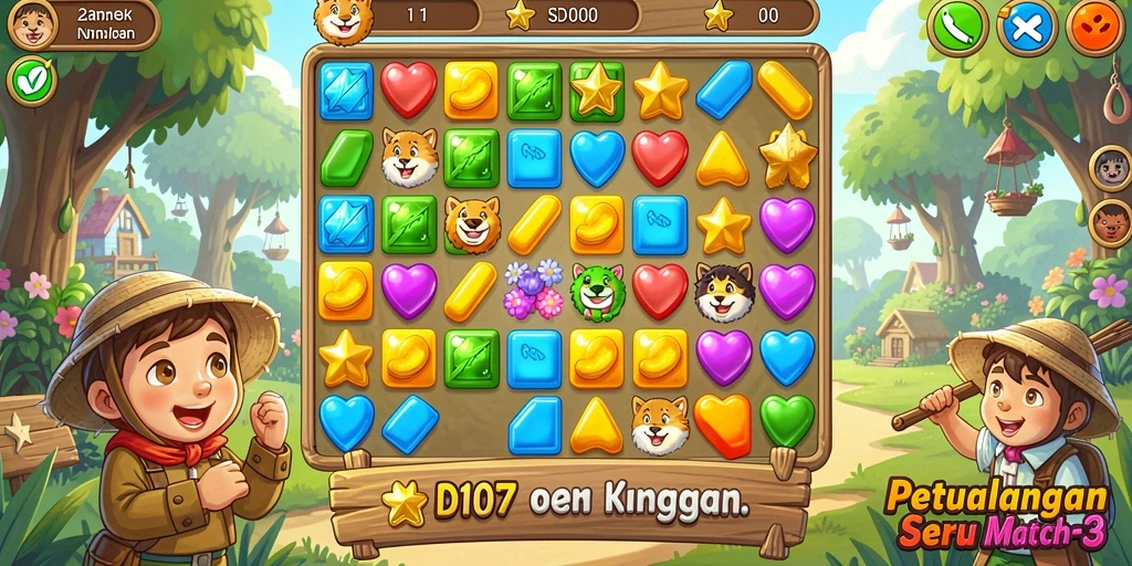 Screenshot gameplay SD107 menampilkan keseruan mencocokkan permata warna-warni.