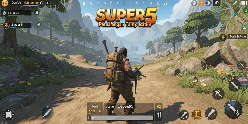 Tampilan gameplay <strong>SUPER5</strong> dalam dunia terbuka yang luas.