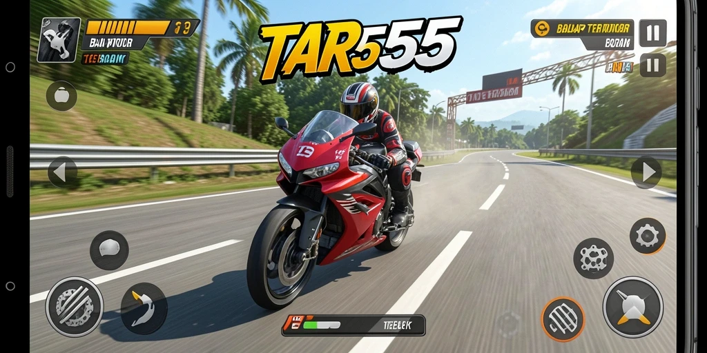 Screenshot TAR555 menunjukkan aksi balap motor yang mendebarkan.